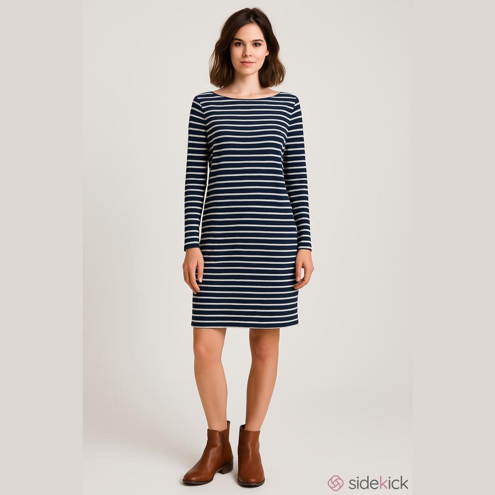 Gap Women's Long Sleeve Cotton Navy Blue White Striped Casual Shift Dress Medium